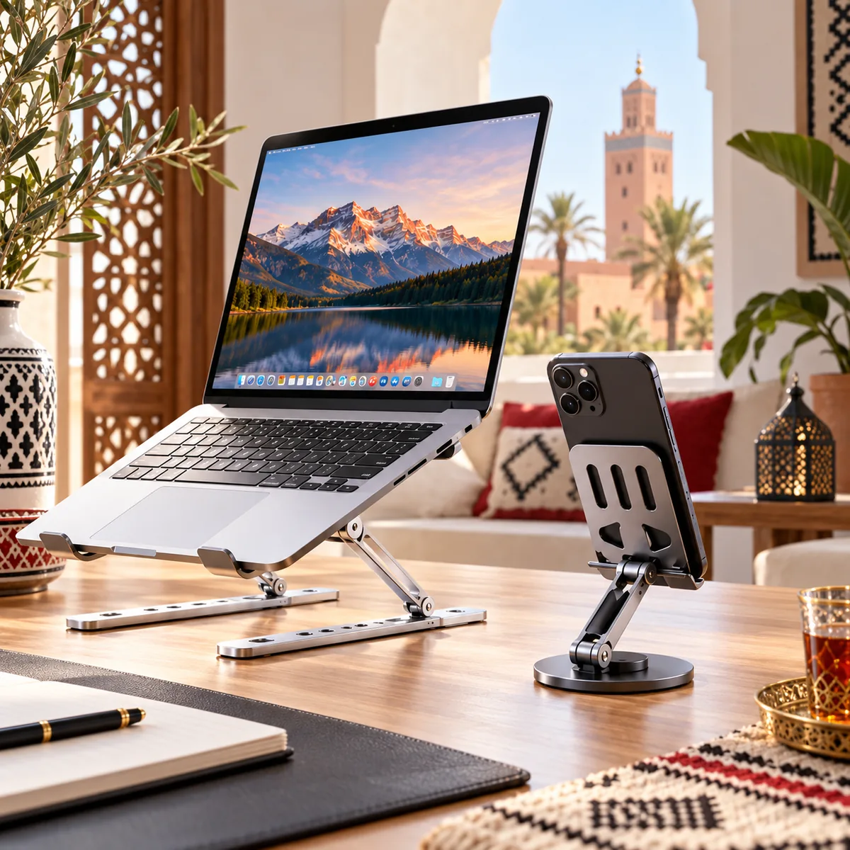 Les deux supports utilisés ensemble sur un bureau ensoleillé